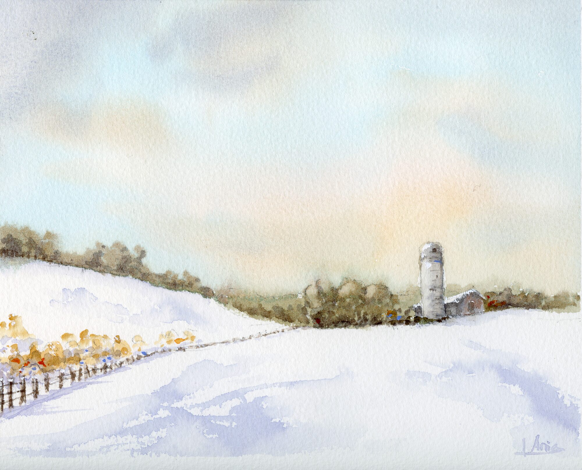 a snow-covered countryside with a farm and grain silo beyond a line of golden winter vegetation, under a soft golden sky