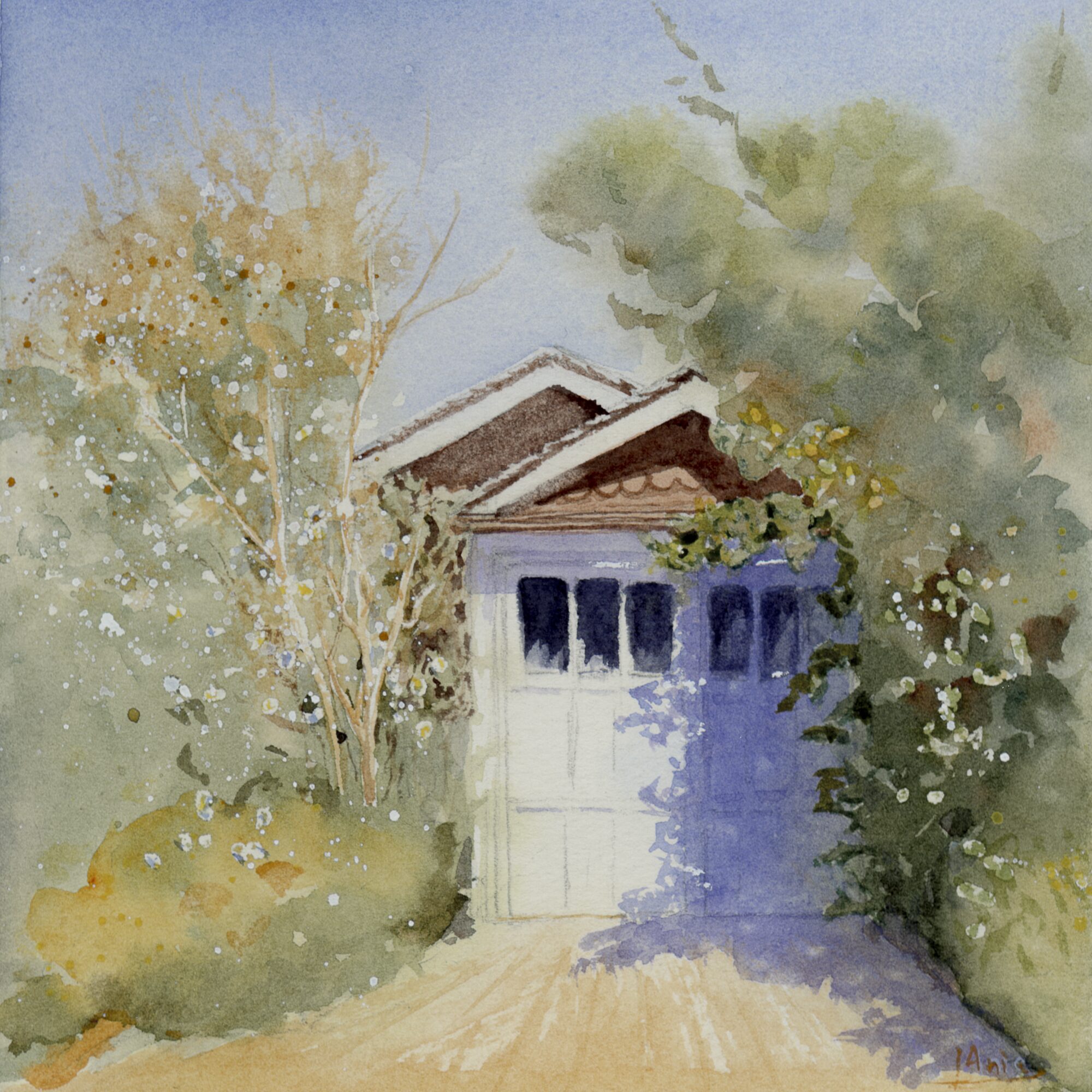 a white traditional Toronto garage door framed by blooming plants and trees, strong blue-violet shadows cast across it on a bright sunny day