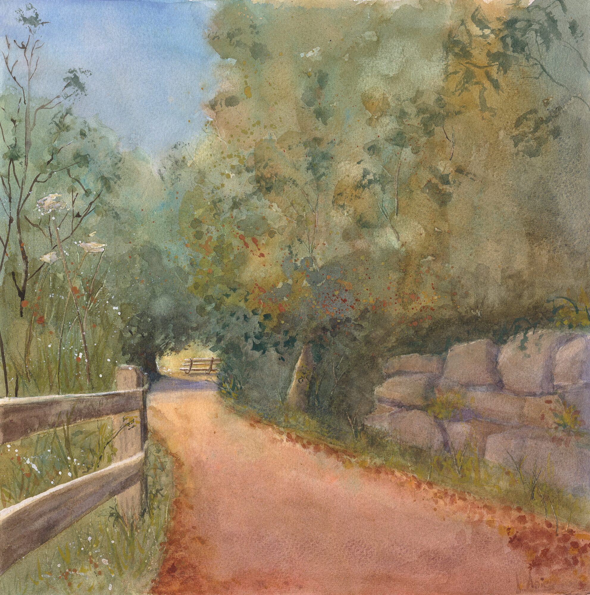 A warm red path leading to a lone bench, framed by green vegetation, a low fence and a small rock wall — watercolour by Claudia Fernandez